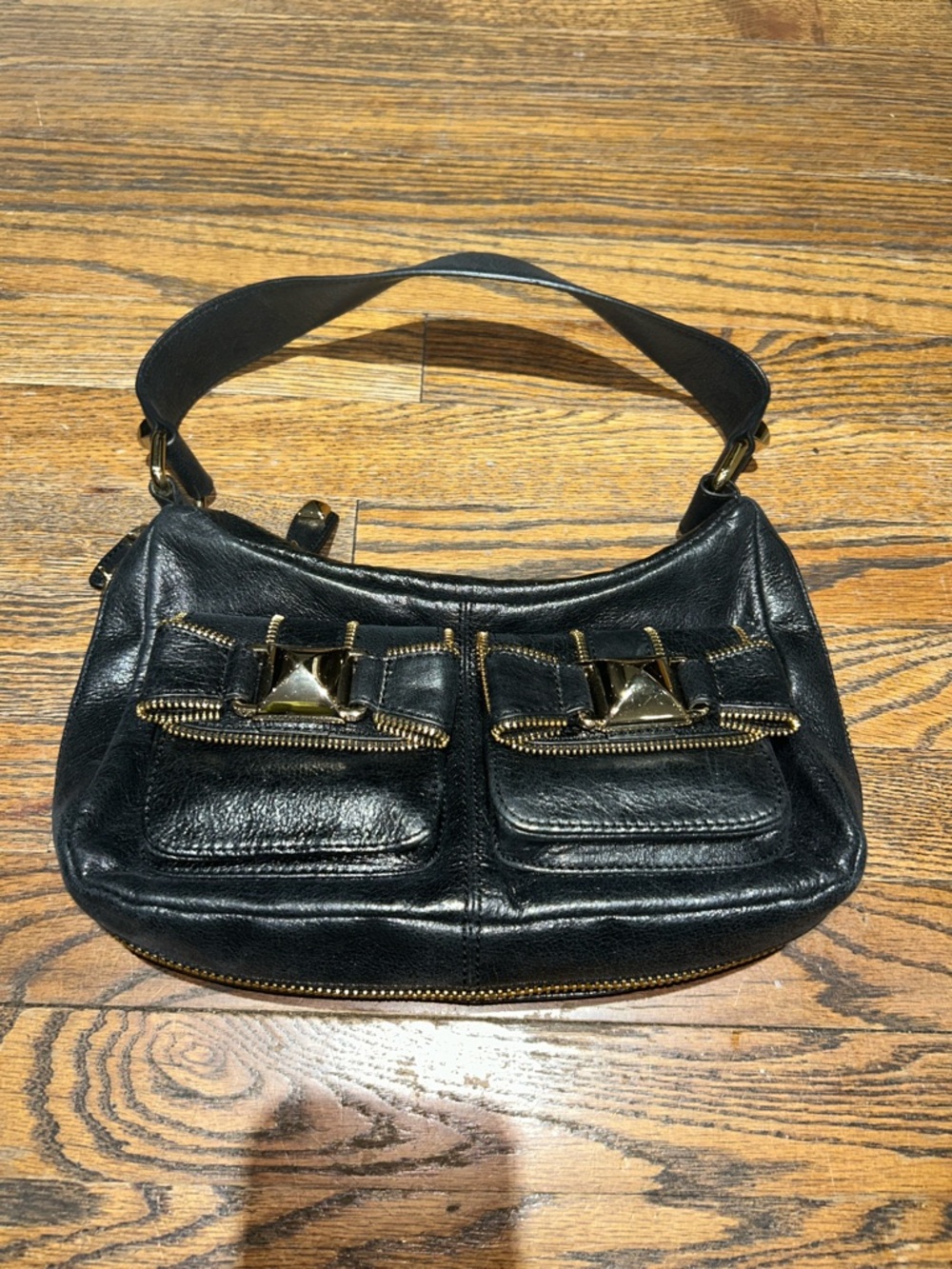 Betsey Johnson Black Shoulder Bag with Gold Hardware Accents